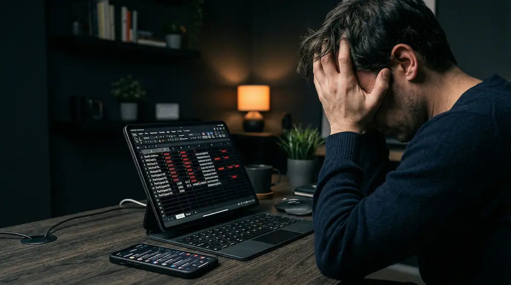 Frustración de un administrador de quiniela revisando Excel y mensajes caóticos