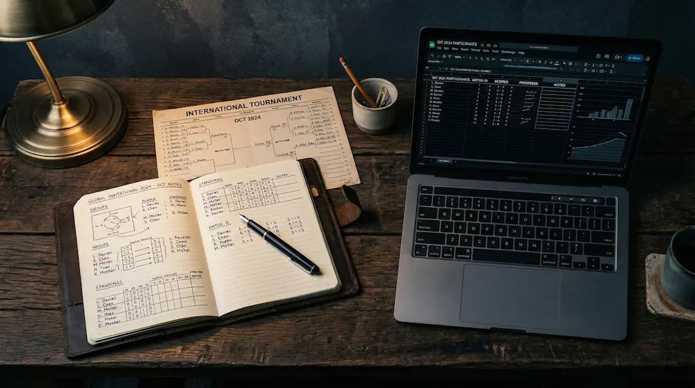 Mesa de trabajo con libreta, laptop con Excel y calendario de partidos