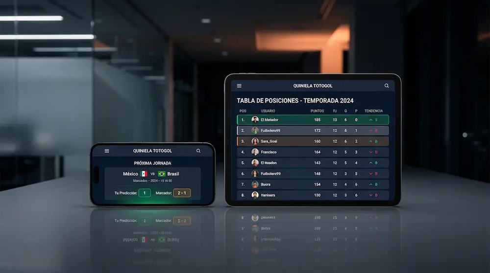 Dispositivos mostrando la interfaz premium de la app Quiniela Totogol