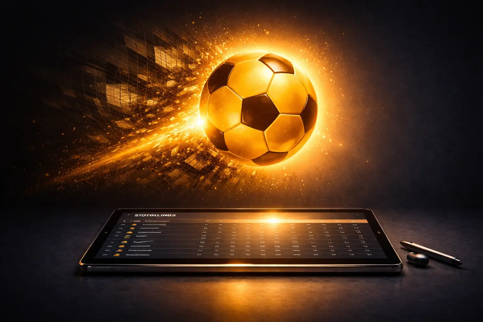 Bola de futebol laranja brilhante iluminando um tablet com resultados de bolão, substituindo uma antiga planilha do Excel quebrada.